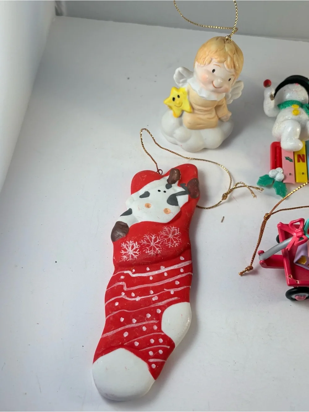 VTG Lot of 6 Christmas Ornament Bear Snowman Santa Cow Angel Drum Music Baby 90